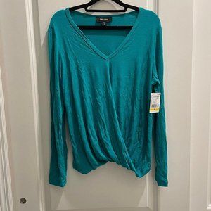 NWT Karen Kane LS teal drape front top M